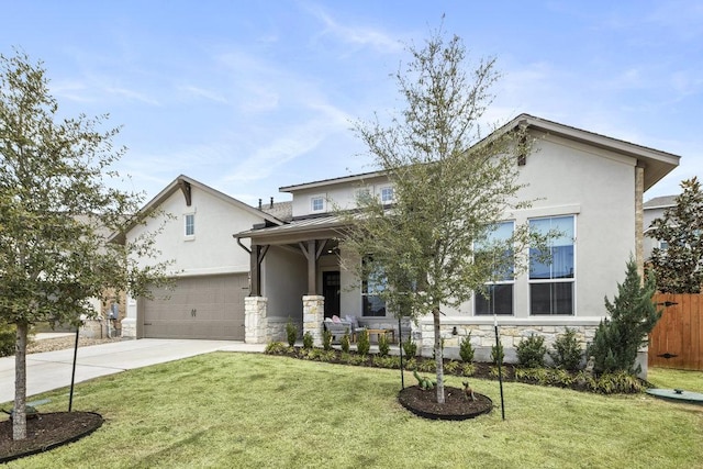 view of front facade featuring stone siding, a front lawn, metal roof, and a standing seam roof