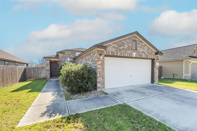 view of front of house featuring fence, concrete driveway, an attached garage, a front yard, and brick siding