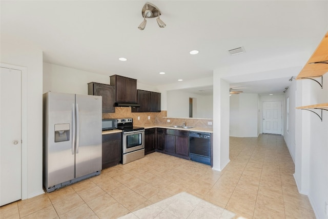 kitchen with backsplash, ceiling fan, dark brown cabinetry, light countertops, and black appliances