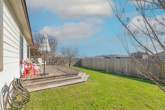 view of yard featuring a wooden deck and a fenced backyard