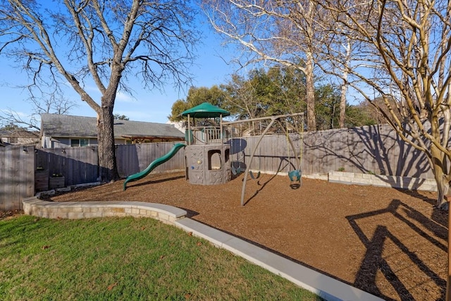 view of jungle gym featuring a fenced backyard