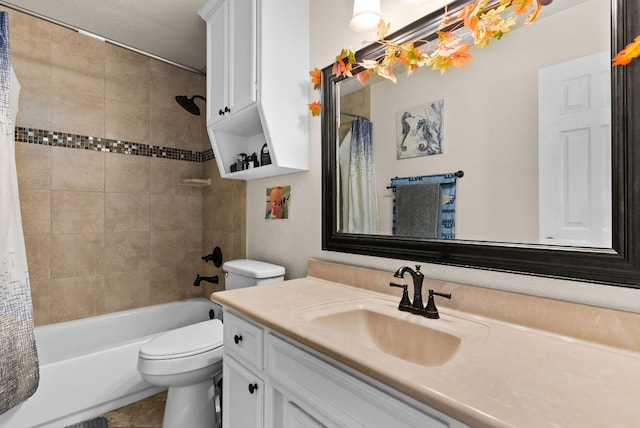 full bathroom featuring vanity, shower / tub combo, and toilet