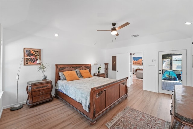 bedroom with visible vents, a ceiling fan, light wood-style floors, baseboards, and access to exterior