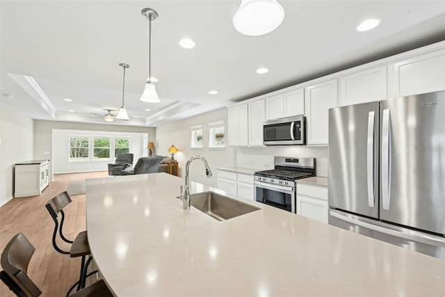 kitchen featuring light wood-type flooring, a tray ceiling, recessed lighting, stainless steel appliances, and a sink