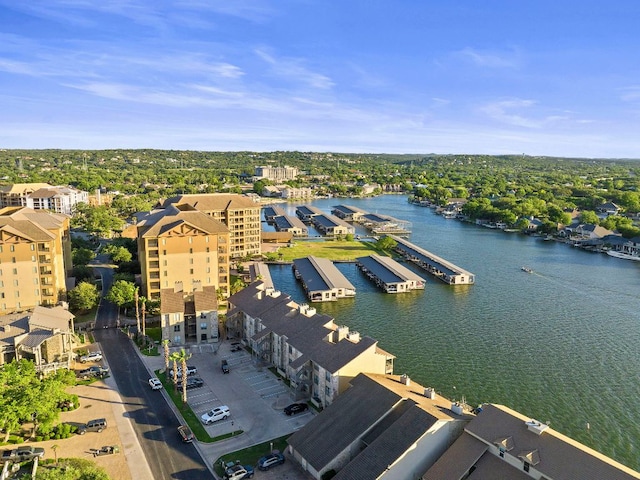 drone / aerial view with a water view