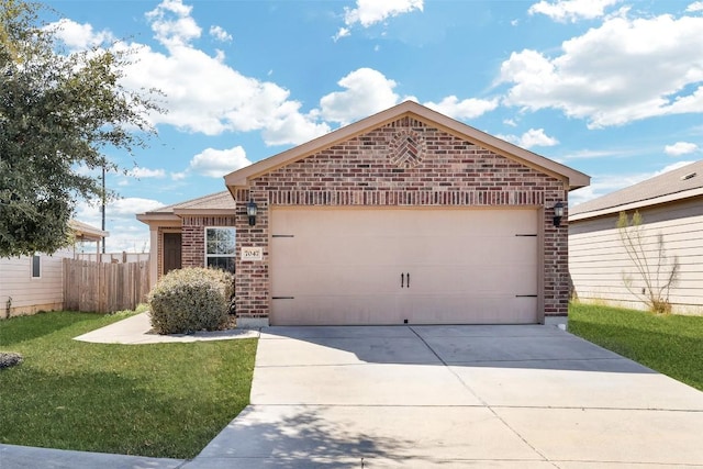 ranch-style home with a front lawn, fence, concrete driveway, an attached garage, and brick siding