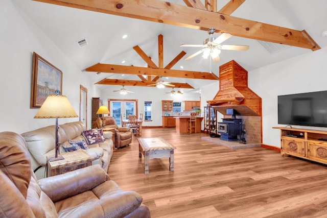 living area featuring visible vents, light wood finished floors, baseboards, a wood stove, and beamed ceiling