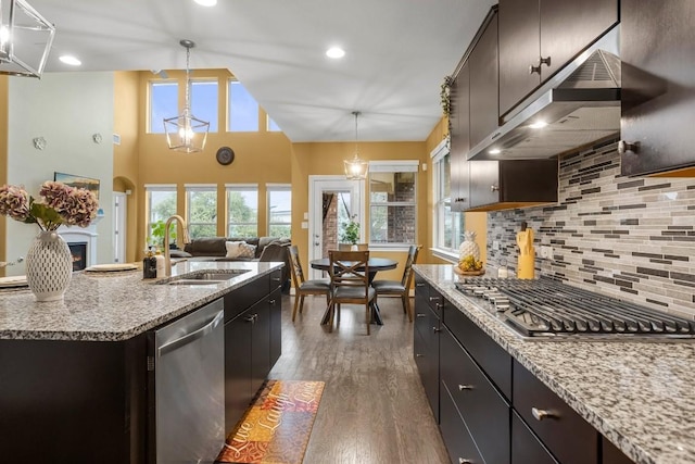 kitchen with wood finished floors, a warm lit fireplace, a sink, stainless steel appliances, and under cabinet range hood