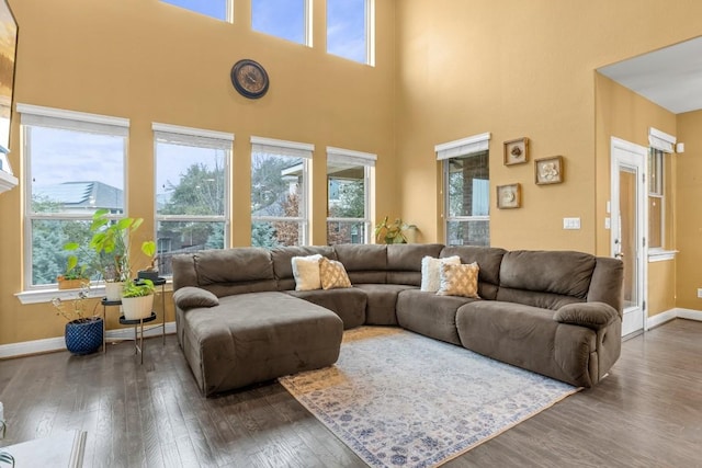 living area with a high ceiling, baseboards, and wood finished floors