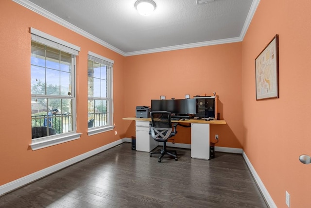 home office with baseboards, dark wood-style floors, and crown molding