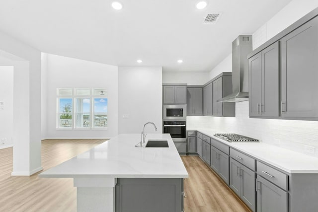 4419 College Square Dr, Round Rock, TX 78665 - kitchen featuring wall chimney exhaust hood, a sink, gray cabinets, and appliances with stainless steel finishes