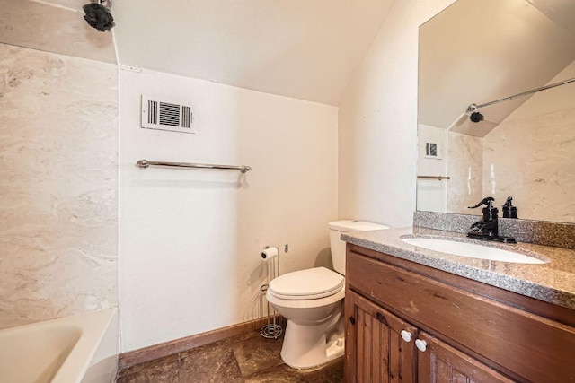 full bath with visible vents, toilet, vanity, and lofted ceiling