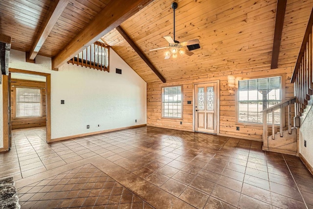 unfurnished living room with beam ceiling, wood ceiling, wood walls, and stairs