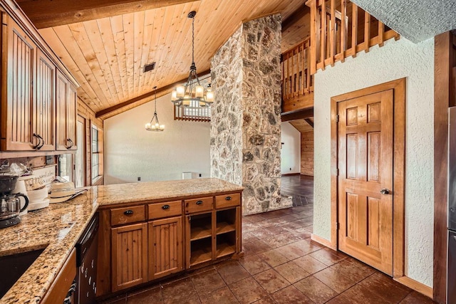 kitchen with light stone counters, a peninsula, lofted ceiling, wood ceiling, and hanging light fixtures