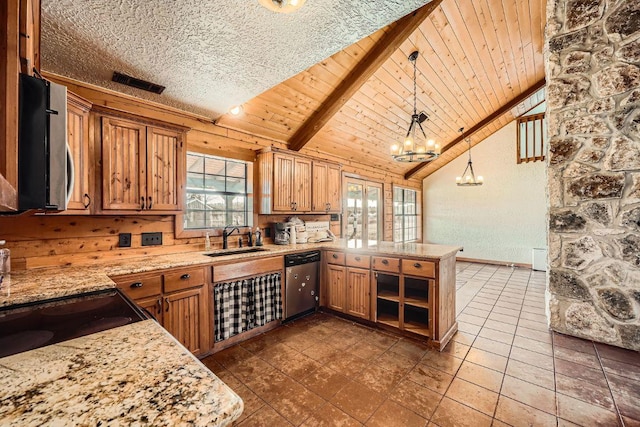 kitchen featuring visible vents, lofted ceiling with beams, appliances with stainless steel finishes, a peninsula, and a sink