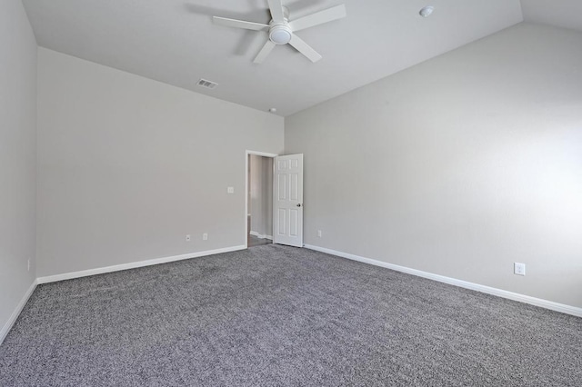 unfurnished room featuring visible vents, baseboards, ceiling fan, lofted ceiling, and carpet floors