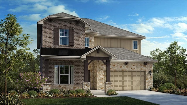 craftsman house with stone siding, driveway, a standing seam roof, and board and batten siding