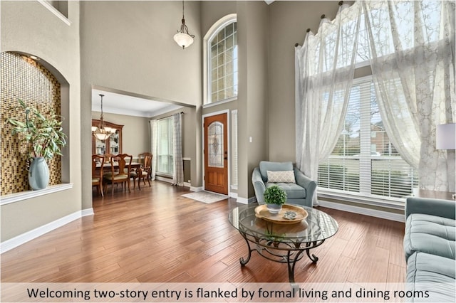 interior space with a chandelier, plenty of natural light, a towering ceiling, and wood finished floors