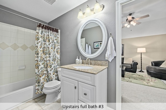 full bathroom featuring vanity, shower / bathtub combination with curtain, visible vents, a ceiling fan, and toilet