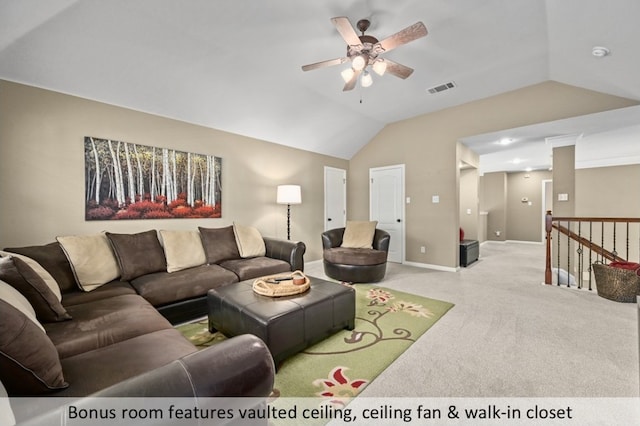 carpeted living room with visible vents, ceiling fan, baseboards, and lofted ceiling