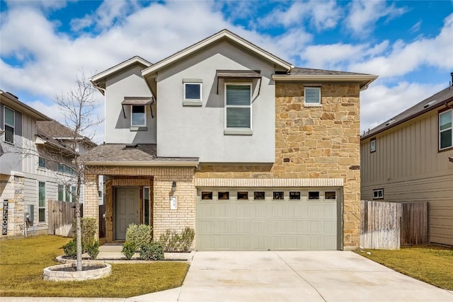 view of front of property featuring stucco siding, stone siding, concrete driveway, and fence