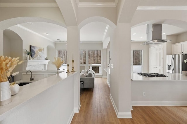 kitchen with light wood finished floors, ornamental molding, appliances with stainless steel finishes, wall chimney exhaust hood, and a sink