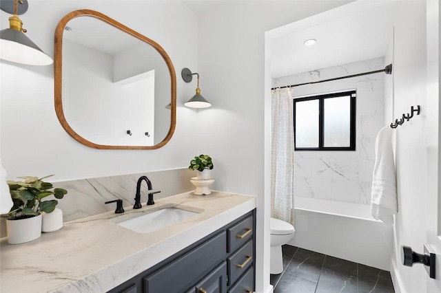 full bath with toilet, vanity, marble finish flooring, shower / bath combination with curtain, and recessed lighting