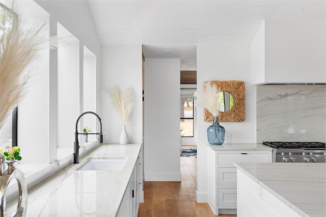 kitchen with light stone countertops, light wood-type flooring, backsplash, and a sink