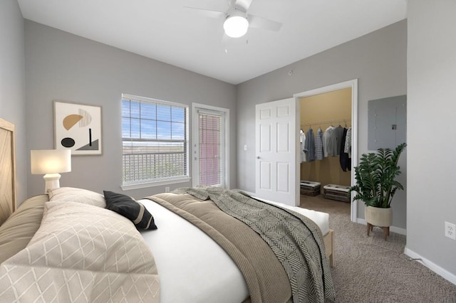 carpeted bedroom with a walk in closet, baseboards, a closet, and ceiling fan