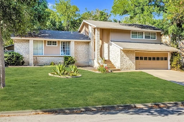 view of front of home with a front yard, an attached garage, stone siding, and driveway