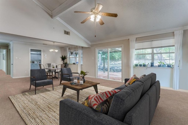 carpeted living area featuring crown molding, beamed ceiling, baseboards, and visible vents