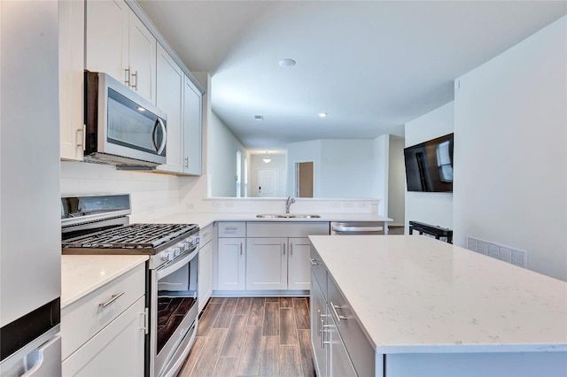10309 American Paint Way, Manor, TX 78653 - kitchen with appliances with stainless steel finishes, a sink, wood finished floors, a center island, and light stone countertops
