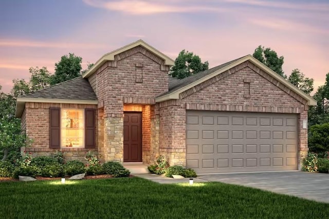 view of front of home with driveway, roof with shingles, stone siding, a garage, and brick siding