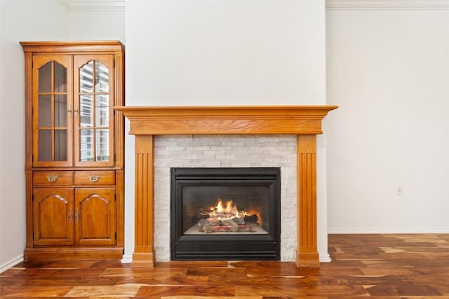 interior details featuring baseboards, wood finished floors, and a glass covered fireplace