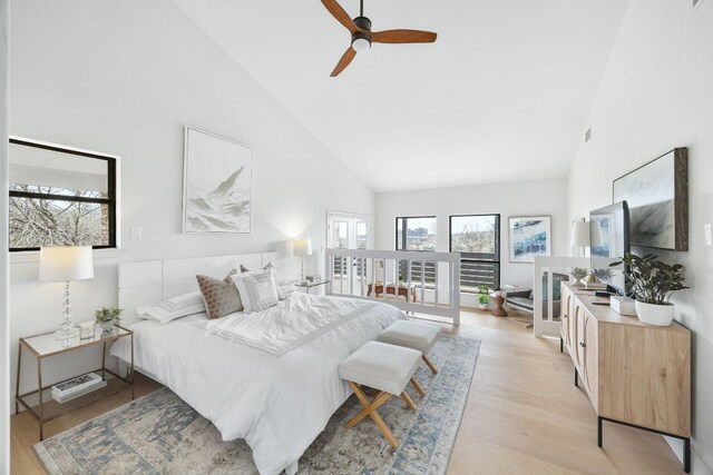 1209 Lost Creek Blvd, Austin, TX 78746 - bedroom featuring visible vents, high vaulted ceiling, light wood finished floors, and ceiling fan
