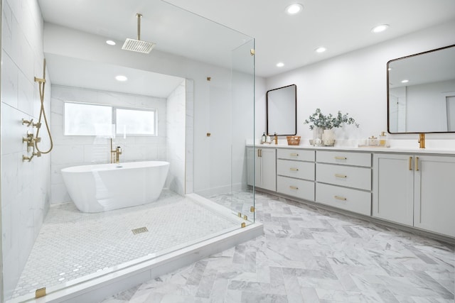 1209 Lost Creek Blvd, Austin, TX 78746 - full bath featuring double vanity, a walk in shower, recessed lighting, a freestanding bath, and marble finish floors