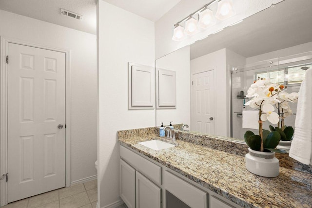 full bath featuring vanity, visible vents, a stall shower, tile patterned floors, and toilet