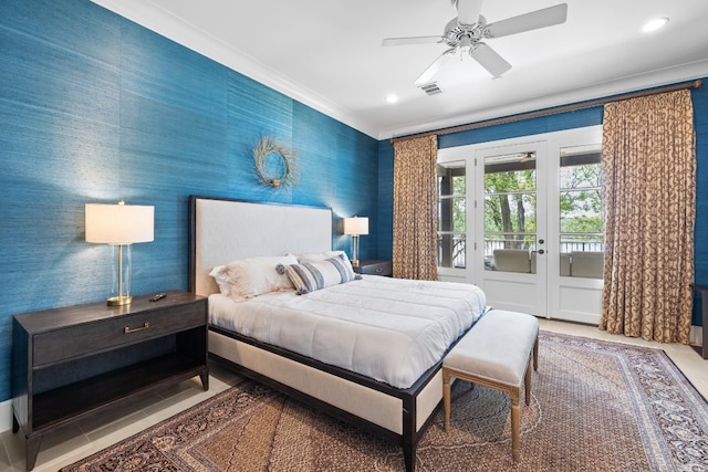 bedroom with recessed lighting, wallpapered walls, visible vents, and access to outside