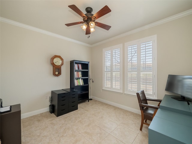 office space with light tile patterned flooring, a ceiling fan, baseboards, and ornamental molding