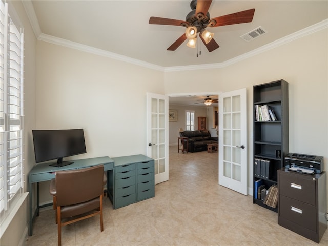 office area featuring crown molding, french doors, visible vents, and ceiling fan