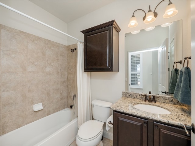 full bath featuring shower / bath combination with curtain, toilet, and vanity