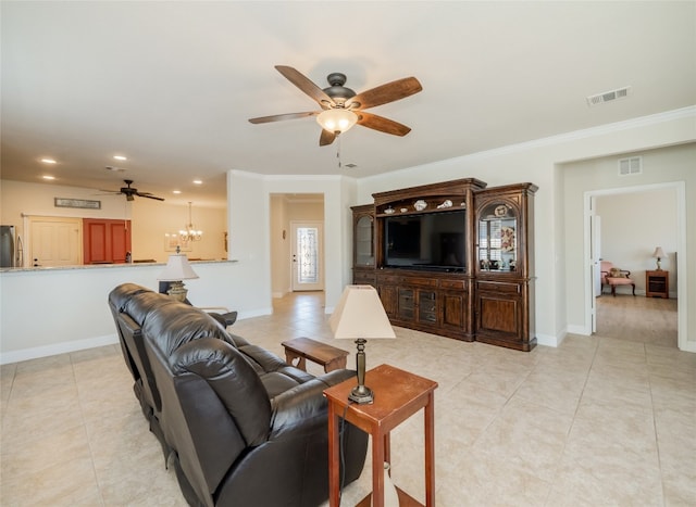 living area featuring light tile patterned floors, visible vents, and baseboards