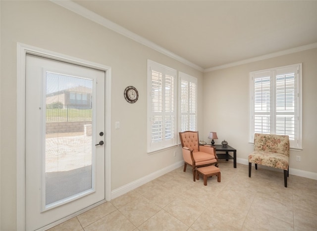 sitting room featuring crown molding, light tile patterned flooring, and baseboards