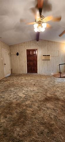 unfurnished living room featuring carpet, lofted ceiling, and a ceiling fan