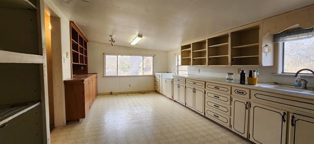 kitchen featuring a sink, open shelves, a healthy amount of sunlight, and vaulted ceiling