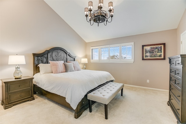 bedroom with a notable chandelier, light colored carpet, baseboards, and vaulted ceiling