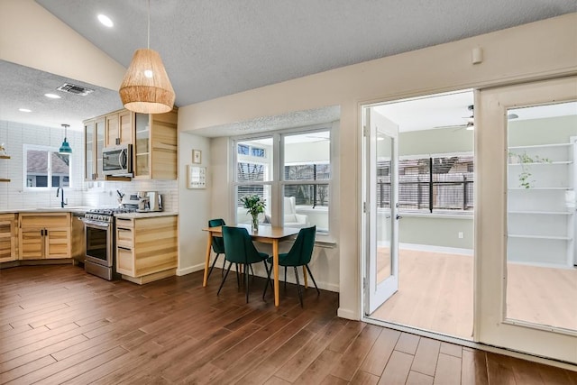 13202 Elysian Fields Cv, Austin, TX 78727 - kitchen featuring appliances with stainless steel finishes, light brown cabinetry, a textured ceiling, healthy amount of natural light, and dark wood finished floors