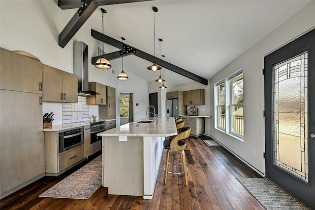 kitchen featuring a breakfast bar area, dark wood-style flooring, a sink, appliances with stainless steel finishes, and wall chimney exhaust hood