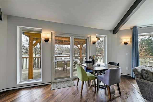 dining area featuring vaulted ceiling with beams and dark wood-style flooring