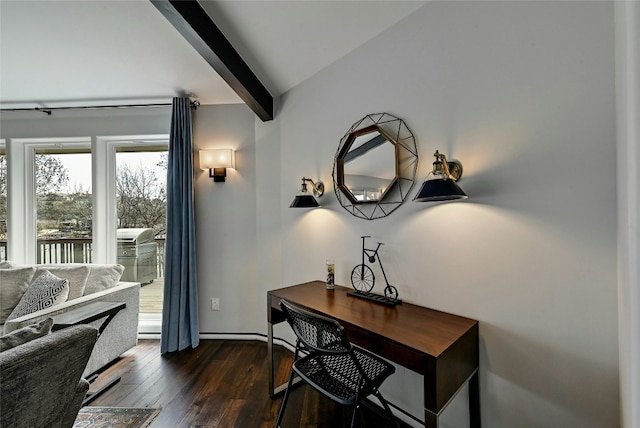 office space featuring beam ceiling and dark wood-style flooring